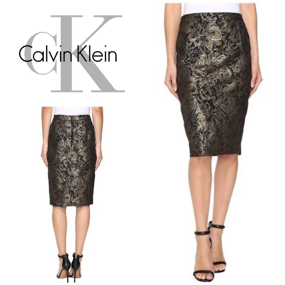 New Calvin Klein Gold Print Pencil Skirt
